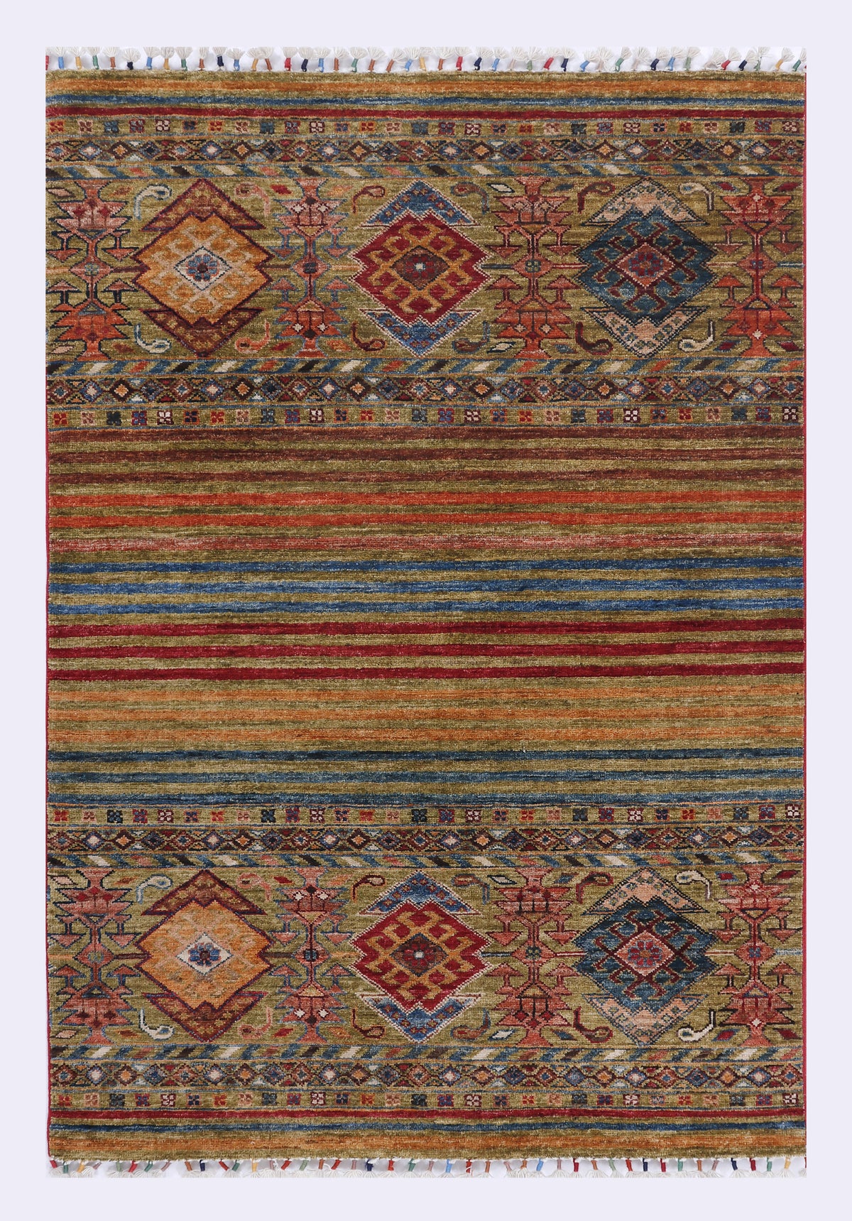 Geometric patterned area rug, green and red with border, rectangular 153x103 cm