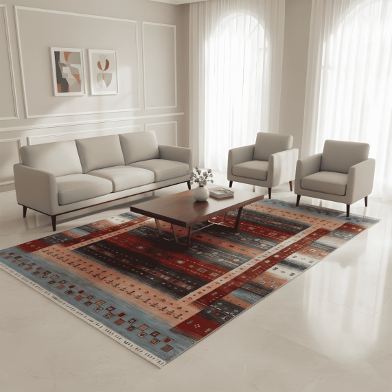 Gabbeh-style area rug with red, teal, and beige geometric pattern and fringed edge