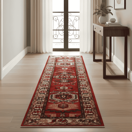 Red Kazak runner rug, narrow rectangular design with ornate medallion center