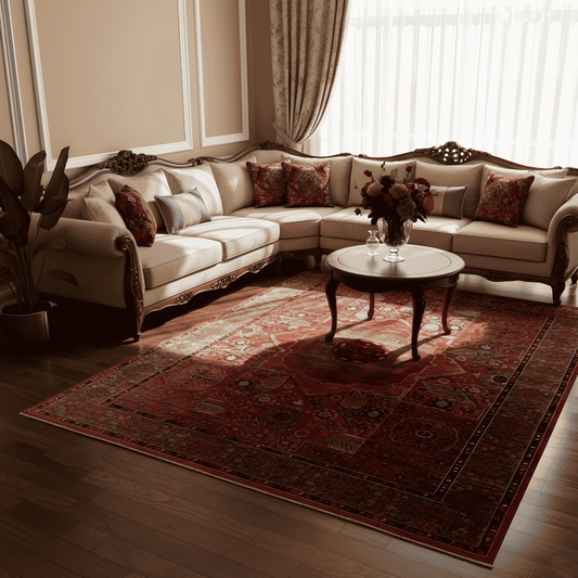 Mamluk rug with red distressed look, central medallion, and ornate corner details