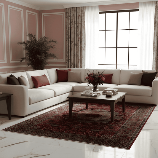 Red patterned area rug on the floor with central medallion and ornate border