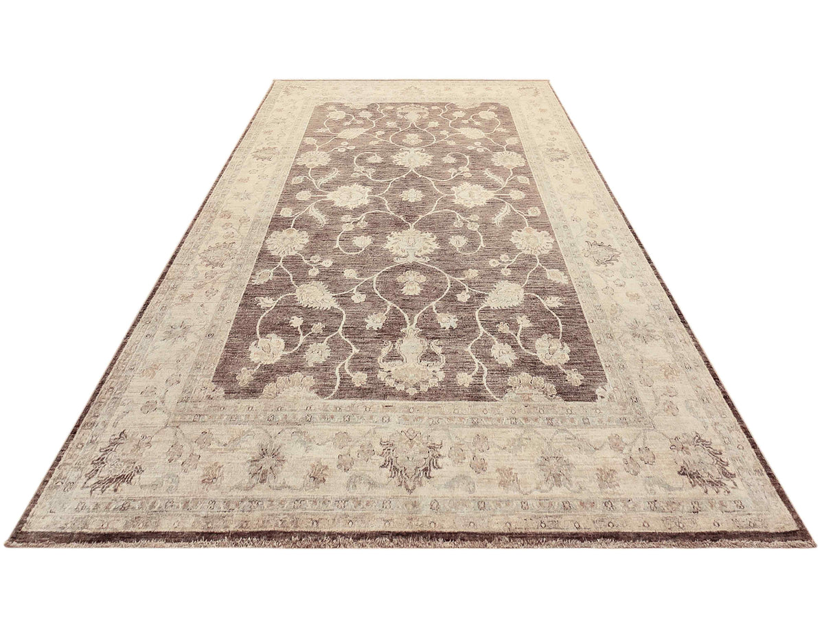 Beige and dark brown Afghan rug with ornate floral vine pattern and border