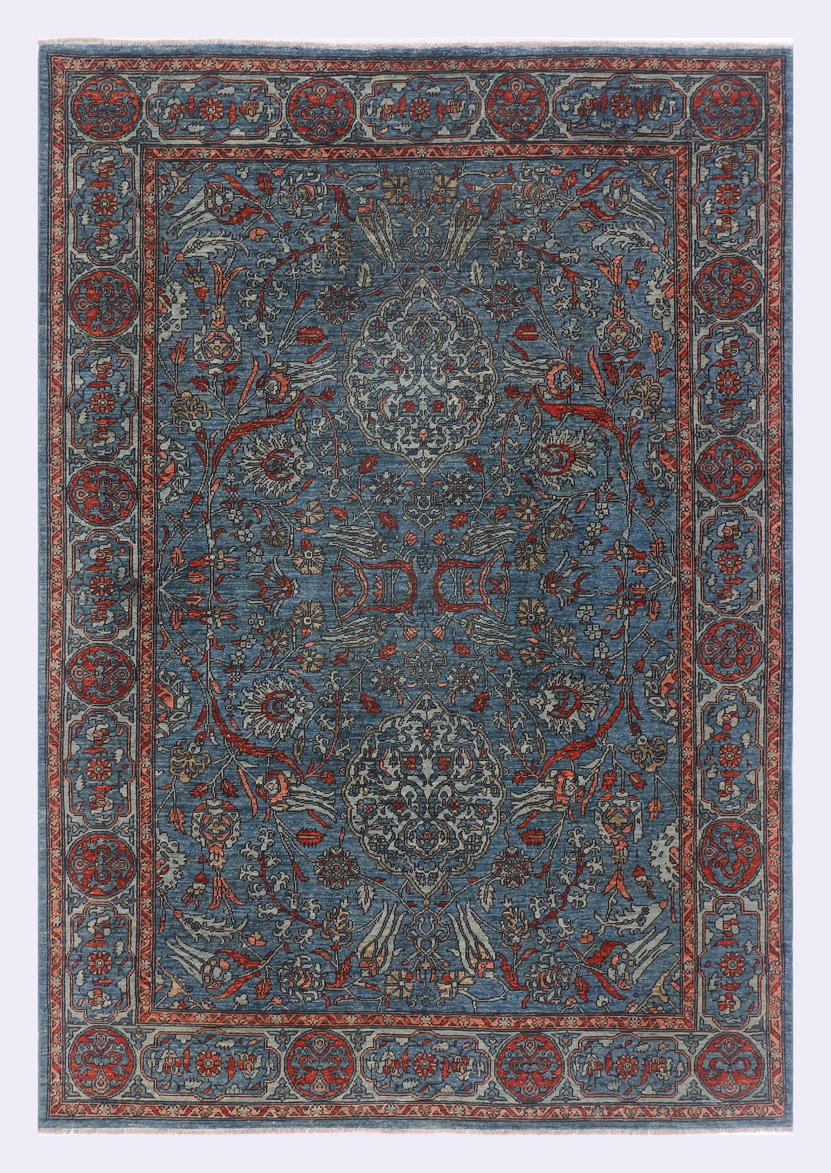 Blue oriental rug with ornate medallion pattern, 270x186 cm, rectangular
