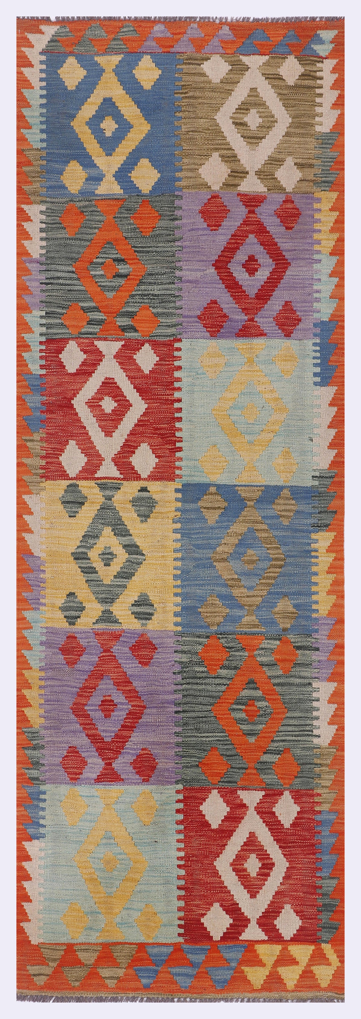 Mosaic path kilim rug, long runner with geometric multicolor pattern, 252x84 cm