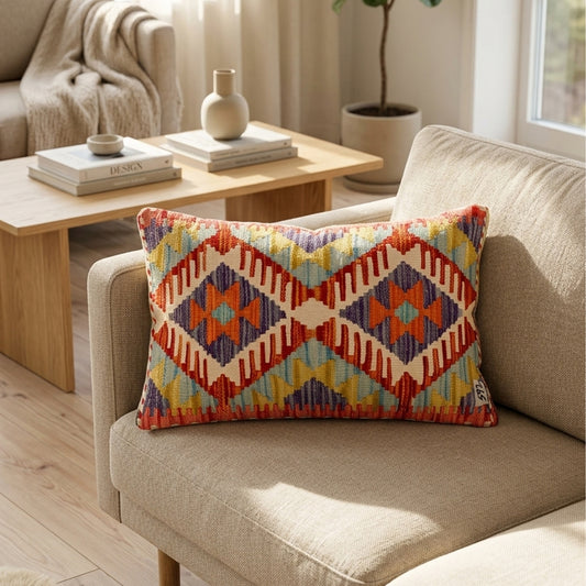 Geometric kilim cushion cover in red, blue, orange and yellow on a sofa