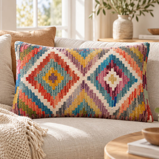 Kilim cushion cover with blue geometric diamond pattern, multicolor, 35x55 cm