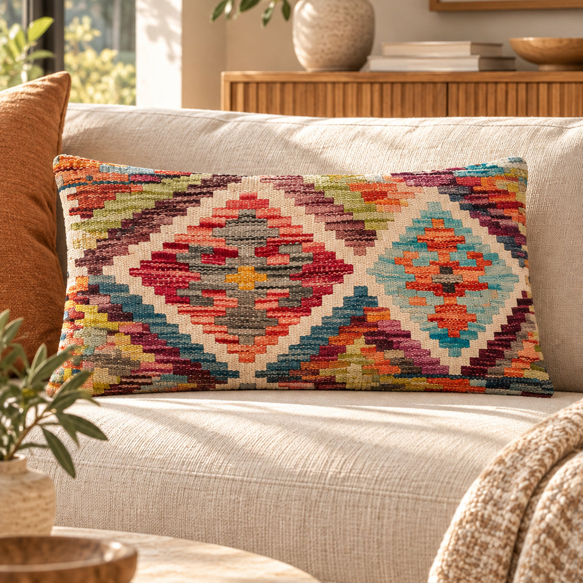 Multicolor kilim cushion cover with geometric diamond pattern, multitone woven fabric