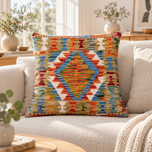 Multicolor kilim diamond-pattern cushion with geometric borders, 45x45 cm