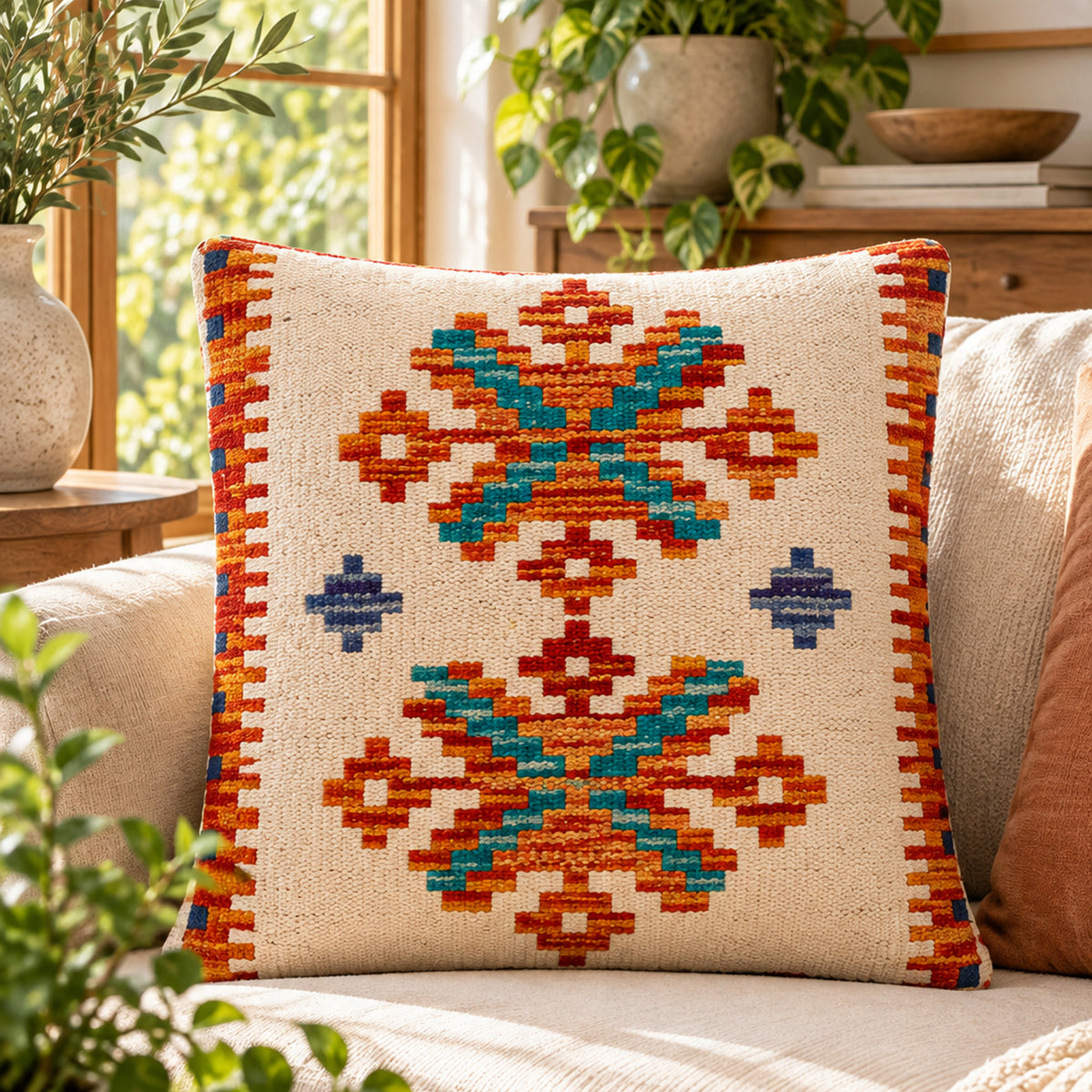 Kilim cushion cover with multicolor cross and star pattern on cream background, orange border.
