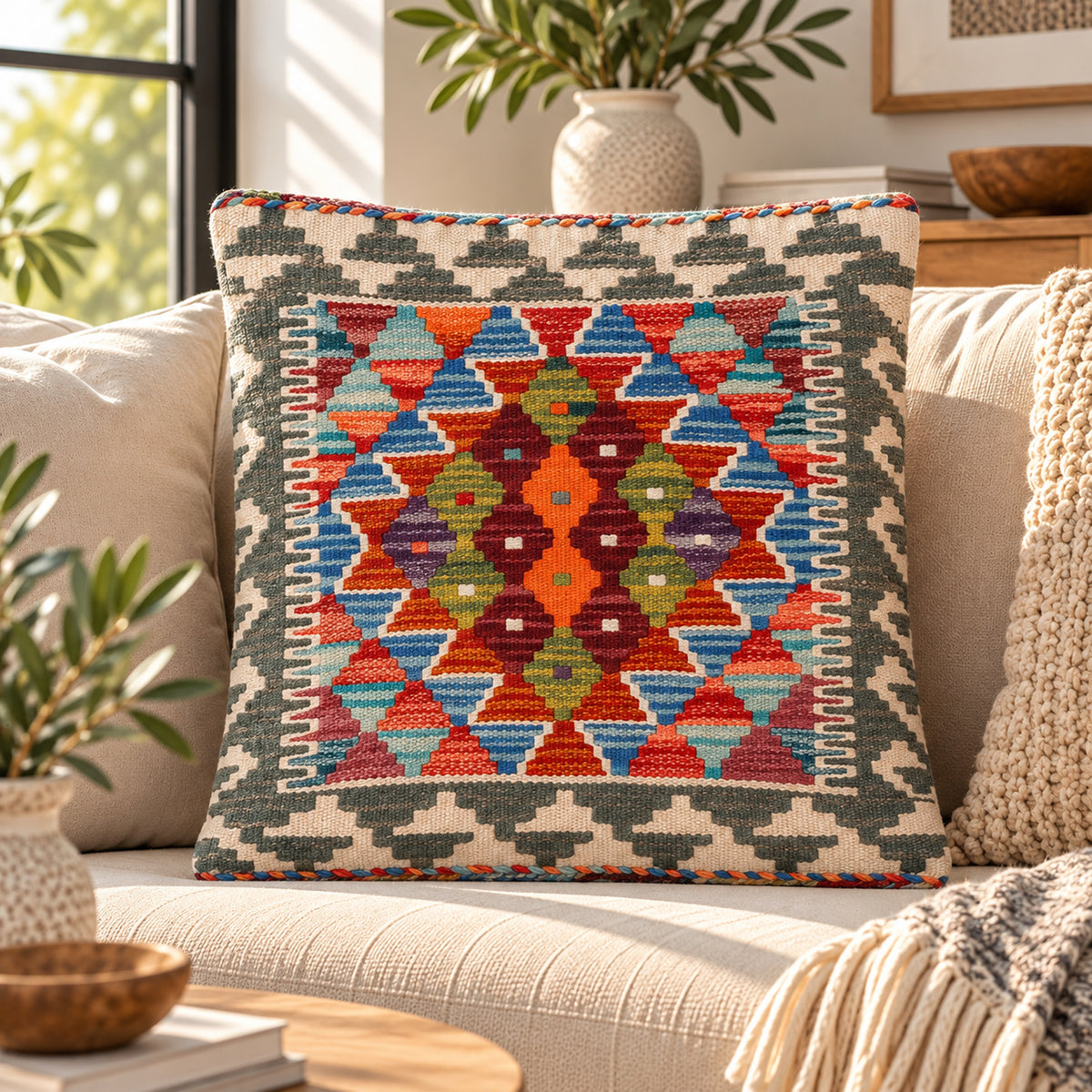Kilim cushion cover 45x45 cm with multicolor geometric pattern and red border trim