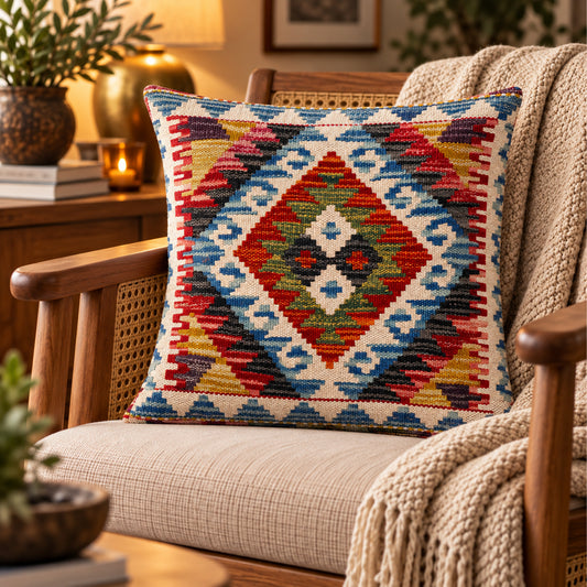 Multicolor kilim cushion cover with diamond geometric pattern on front
