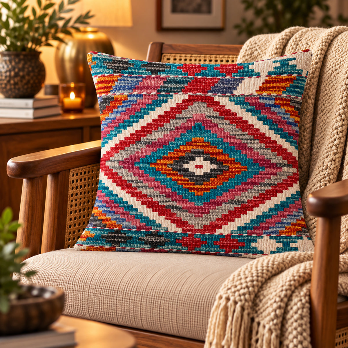 Turquoise kilim cushion with multicolor diamond pattern, 45x45 cm