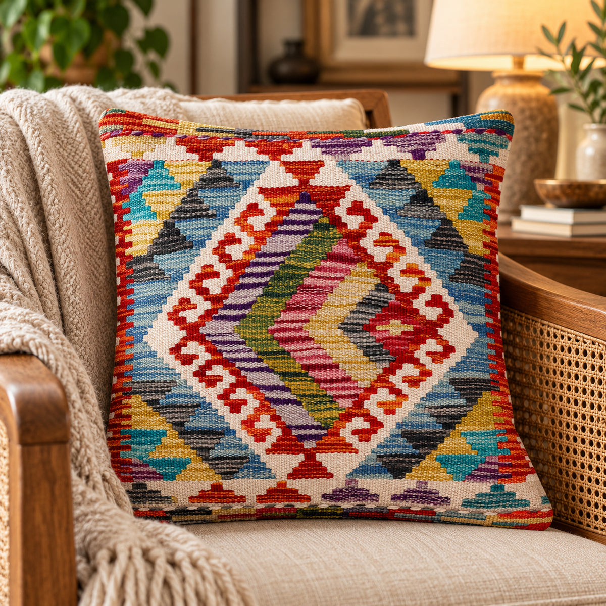 45x45 cm kilim cushion cover with blue geometric pattern and multicolor accents