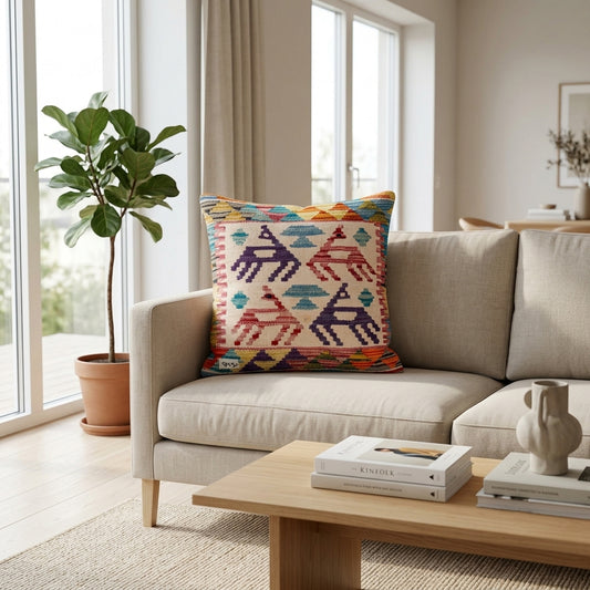 Purple-and-multicolor animal kilim cushion with geometric pattern, 45x45 cm