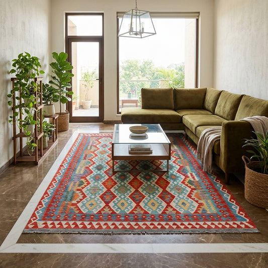 Kilim rug with red, blue, and beige geometric medallion pattern, rectangular size