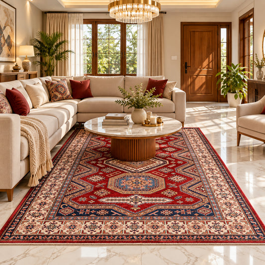 Red patterned area rug in living room on marble floor