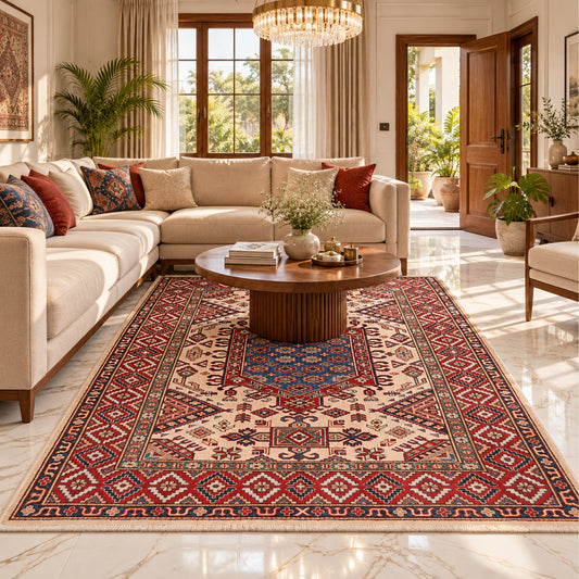 Large blue Kazak rug with red geometric border and diamond motifs