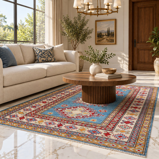 Blue and red geometric area rug on hardwood floor