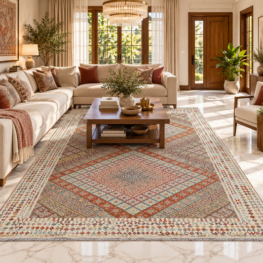 Beige kilim diamond rug with multicolor geometric pattern, flatweave design