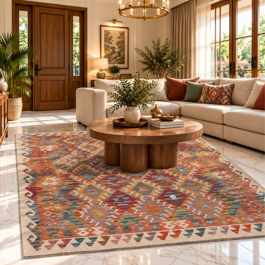 Beige kilim rug with multicolor geometric pattern, 204x160 cm