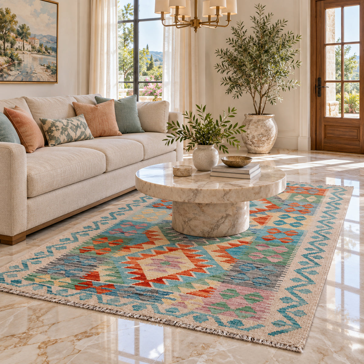 Multicolor flatweave area rug with geometric pattern laid flat on the floor