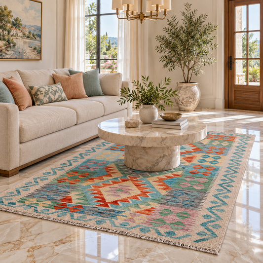 Multicolor flatweave area rug with geometric pattern laid flat on the floor