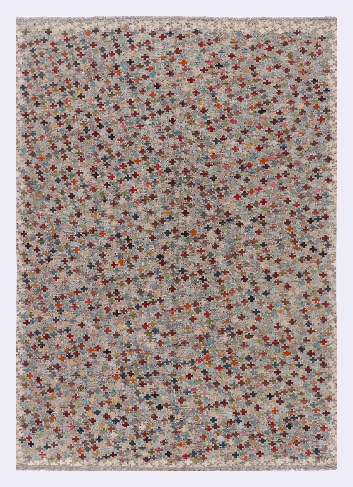 Beige kilim rug with multicolor cross star pattern, 288x203 cm