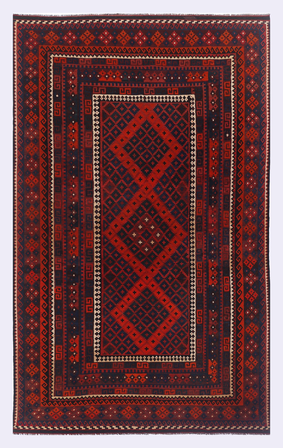 Crimson red kilim rug with geometric border and diamond center pattern, rectangular