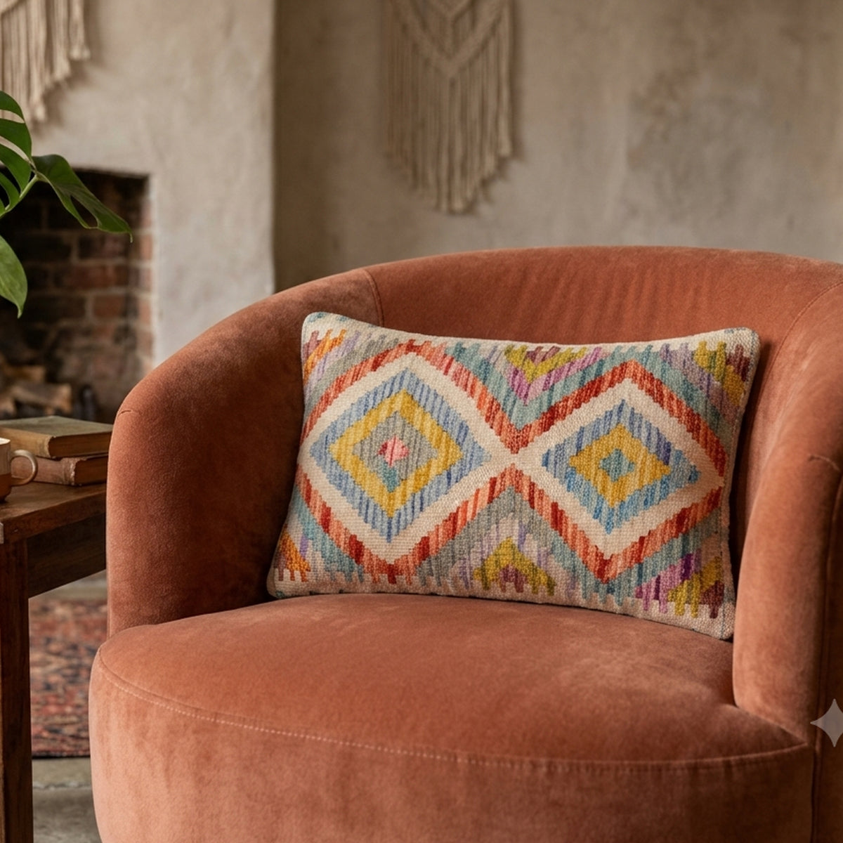 Beige kilim cushion cover with multicolor geometric diamond pattern