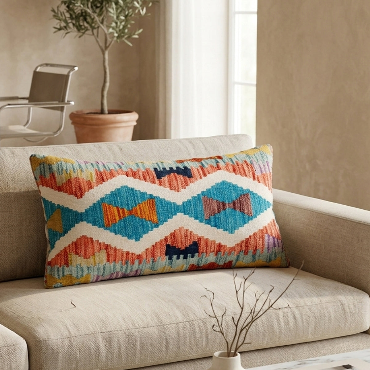 Turquoise kilim cushion cover with multicolor geometric woven bands