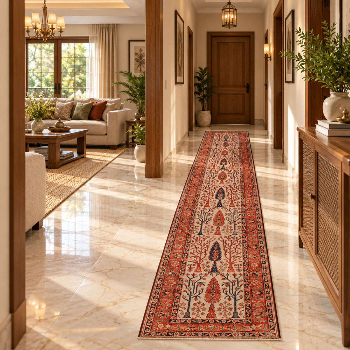 Runner rug in warm red and beige with ornate central motifs and dark blue border