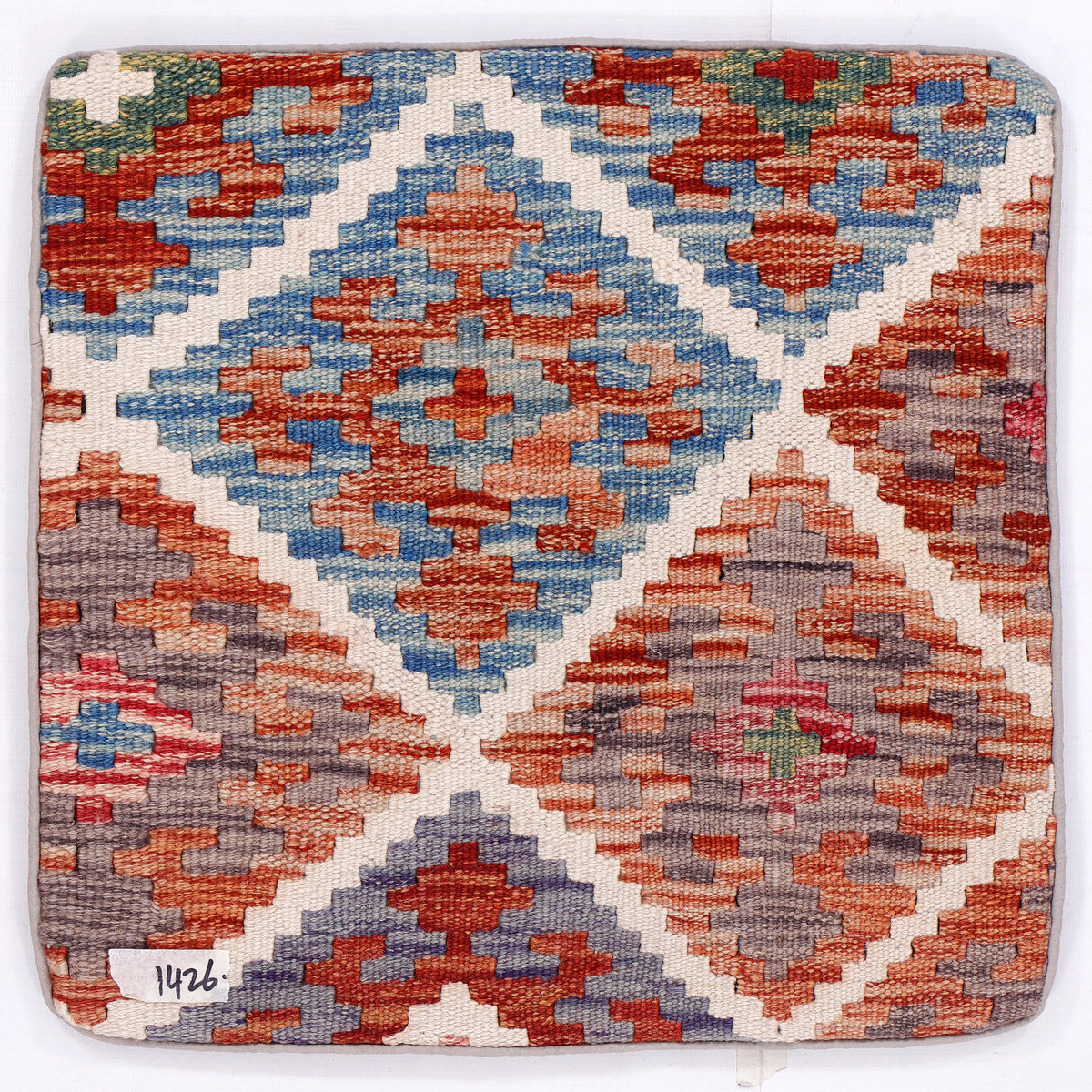 Kilim cushion cover, 45x45 cm, blue and red geometric diamond pattern
