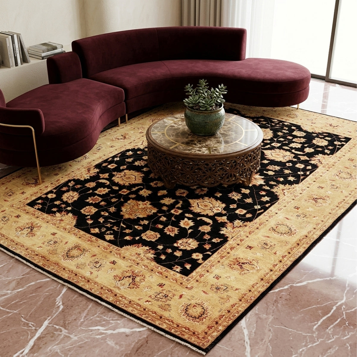 Afghan rug on floor: black floral medallion with beige border and detailed geometric accents.