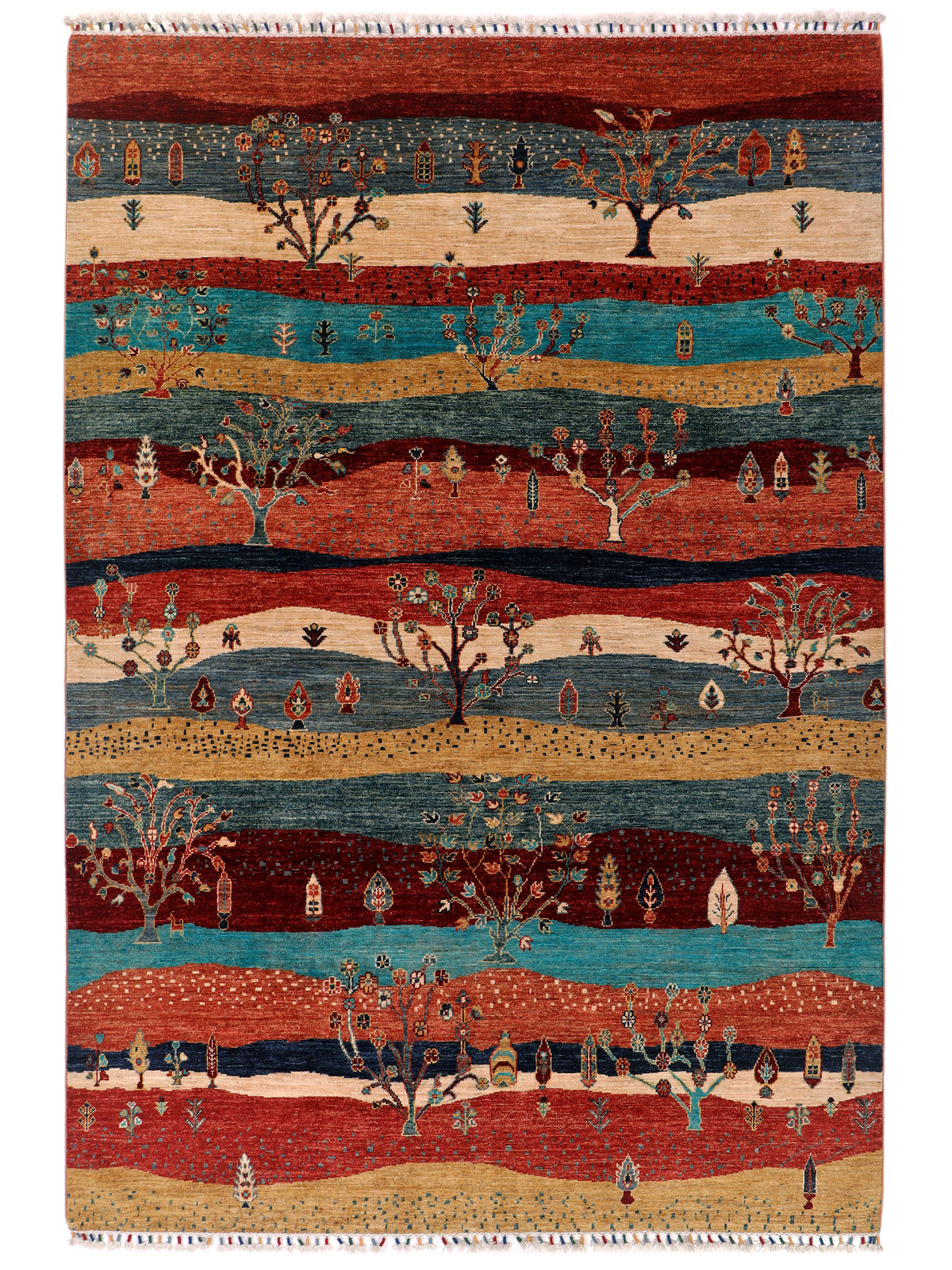 Ariana Gabbeh rug close-up with teal, red, and tan bands and stylized trees.