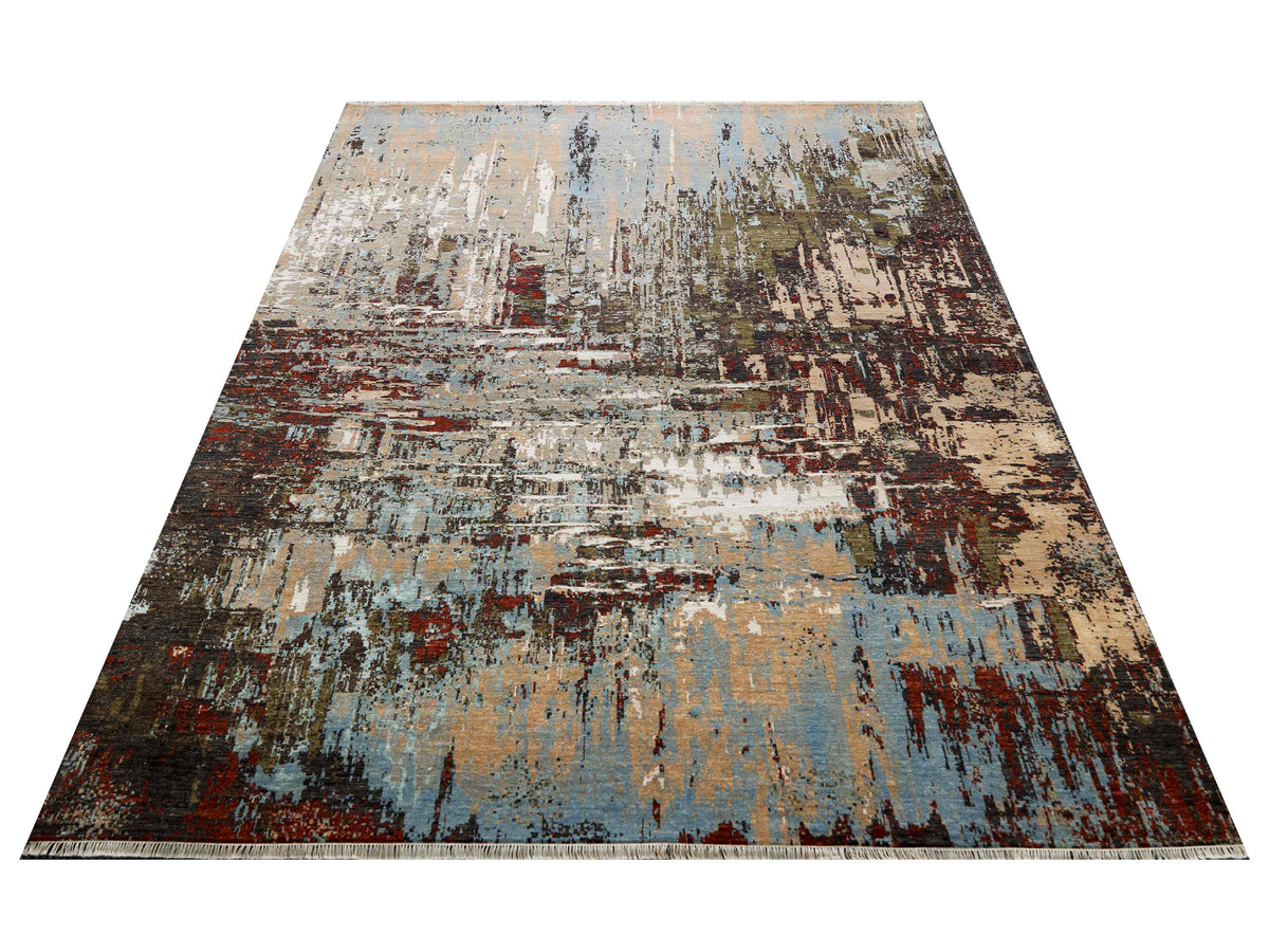 Large abstract area rug with beige and light blue field, rust and dark brown accents.