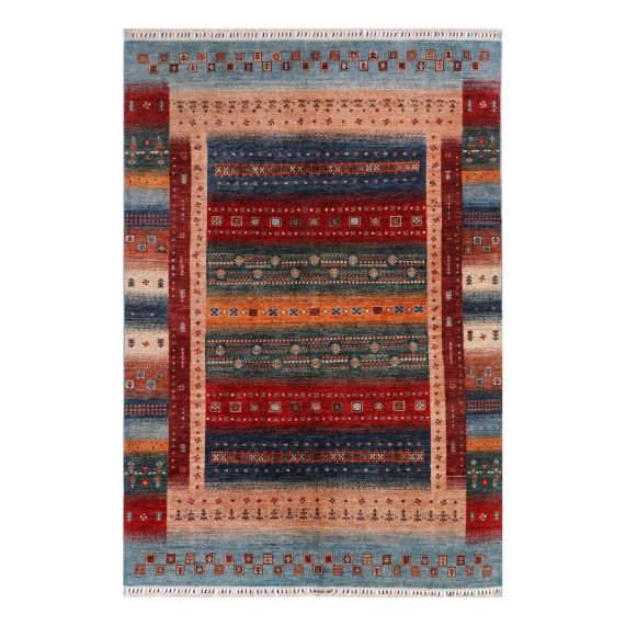 Gabbeh-style rug with red, teal, and beige geometric border and central medallion