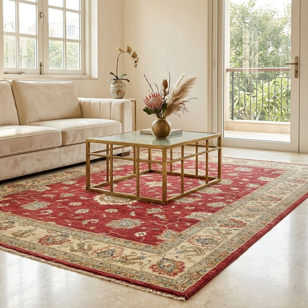 Red area rug with cream ornate border and floral medallion pattern, rectangular.