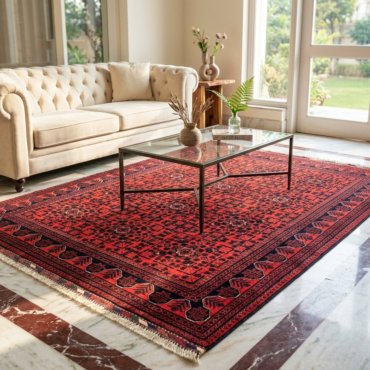 Khalmohamdi rug, 228x168 cm, red geometric pattern with navy borders and fringe
