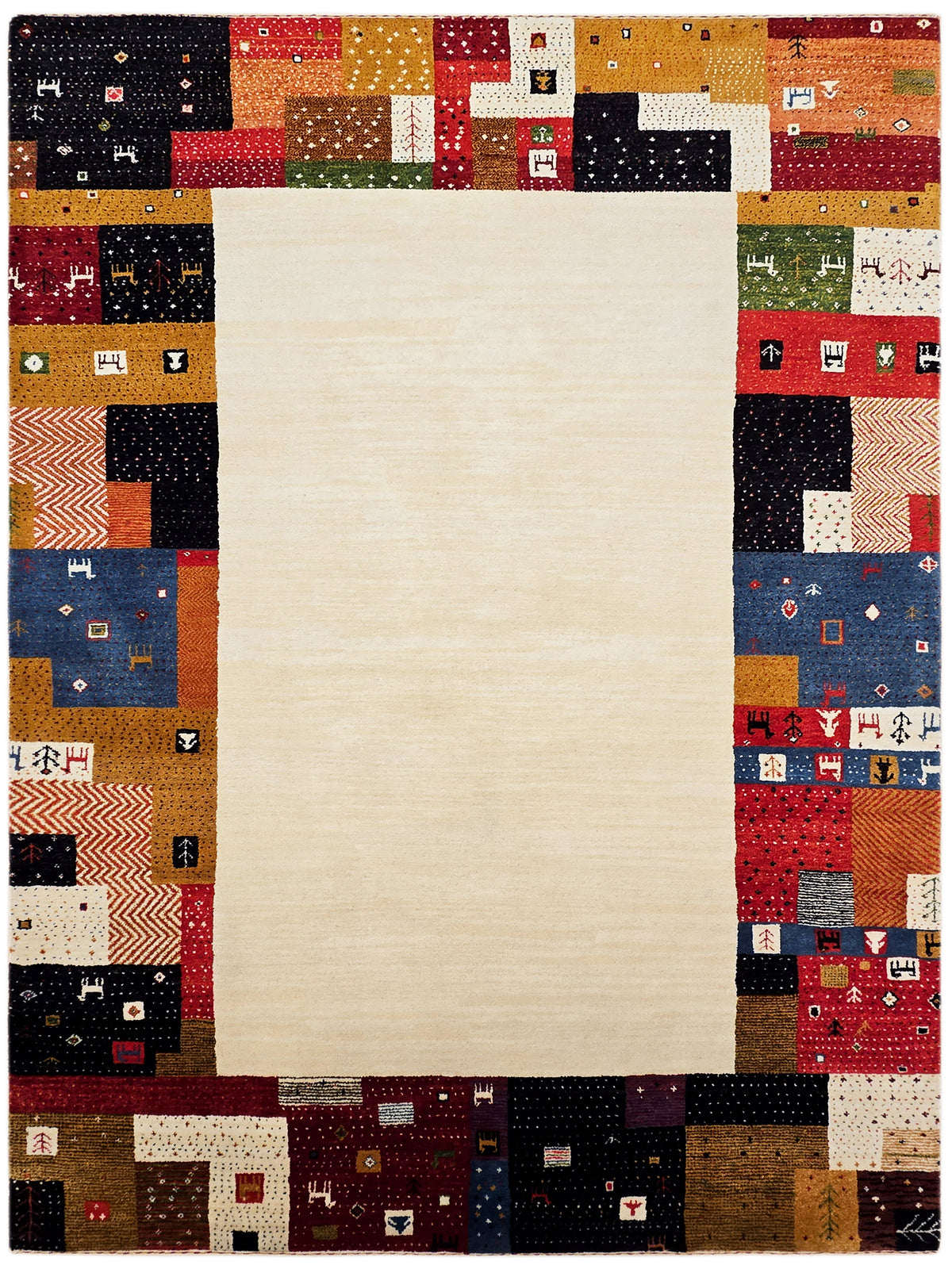 Square patchwork rug with cream center surrounded by red, black, brown blocks