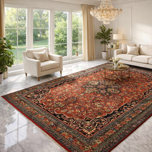 Bidjar-style area rug in red with dark blue and cream ornamental border in living room