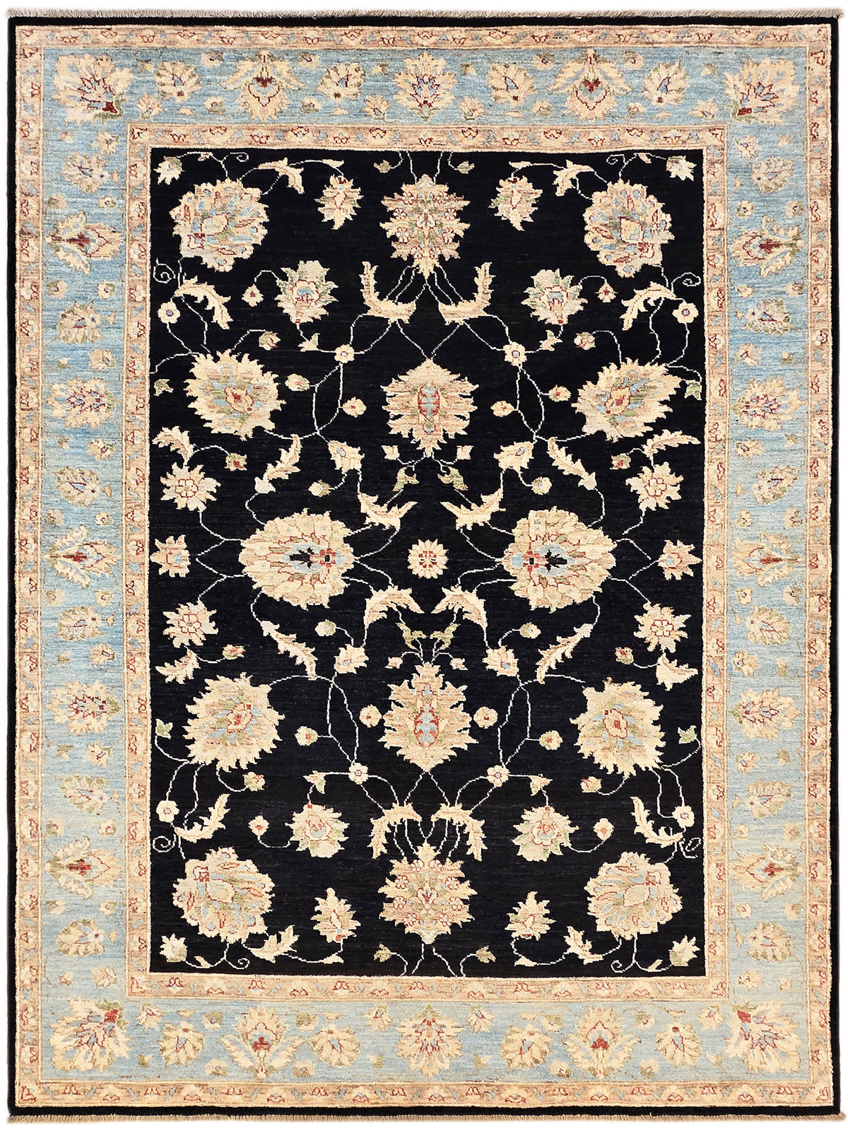 Black floral rug with light blue frame border, cream and pink blossoms on medallion
