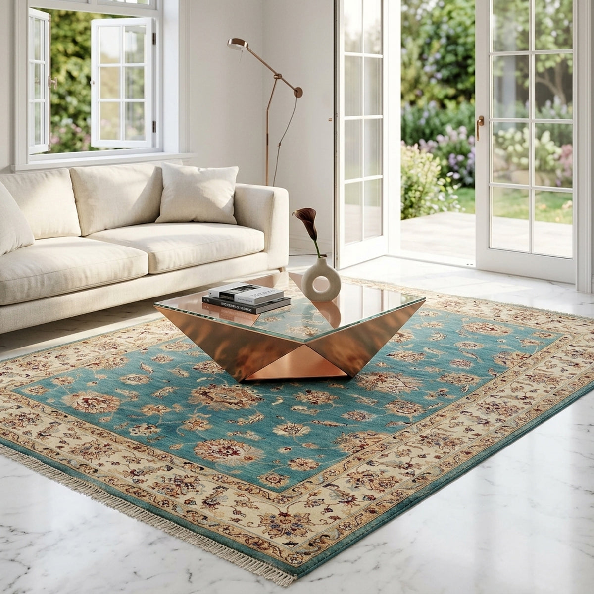 Turquoise patterned rug with ornate cream border and fringed perimeter