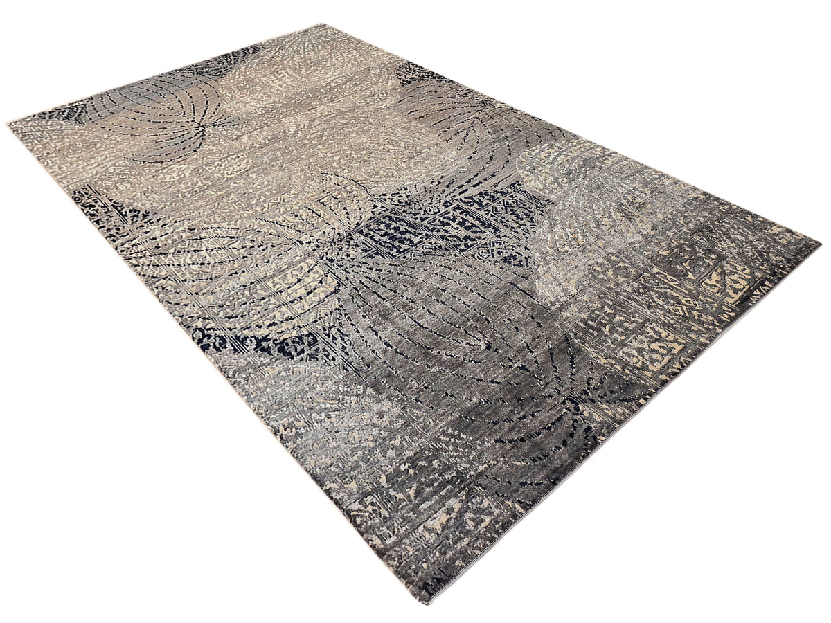 Beige and dark navy rug with abstract circular medallion and border, 231x167 cm