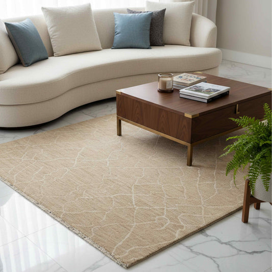 Beige crackle-pattern rectangular rug with stitched border