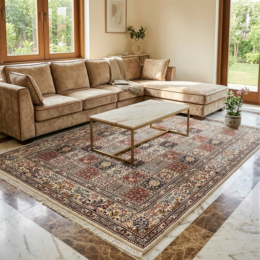 Large multicolor vintage-style area rug with ornate center pattern and border.