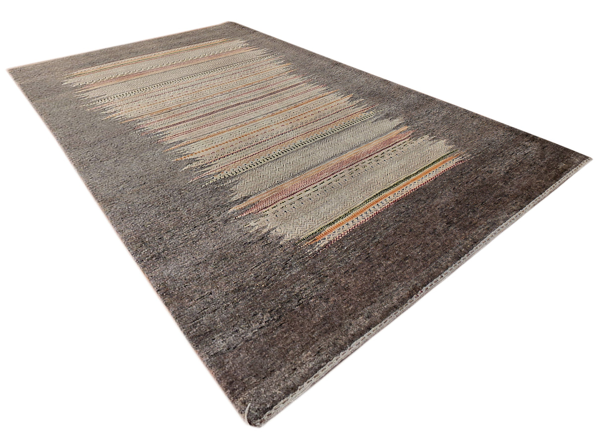 Grey Loribaft rug with central horizontal banding and thin multicolor stripes