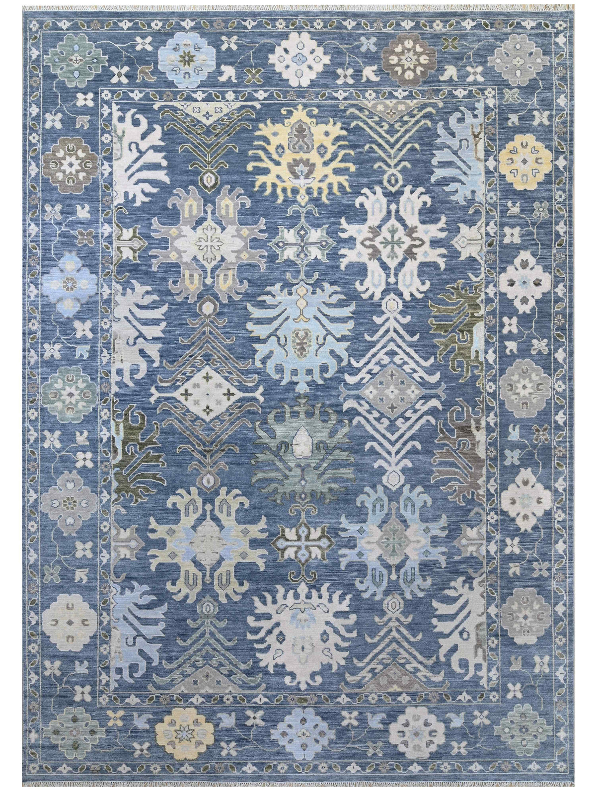 Oushak rug with blue field and ivory floral lattice medallion pattern, rectangular