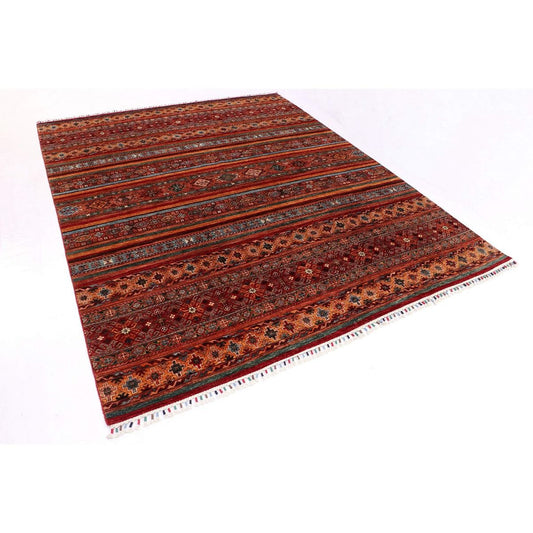 Khorjin Samarkand rug corner view with red-striped field and multicolor border.