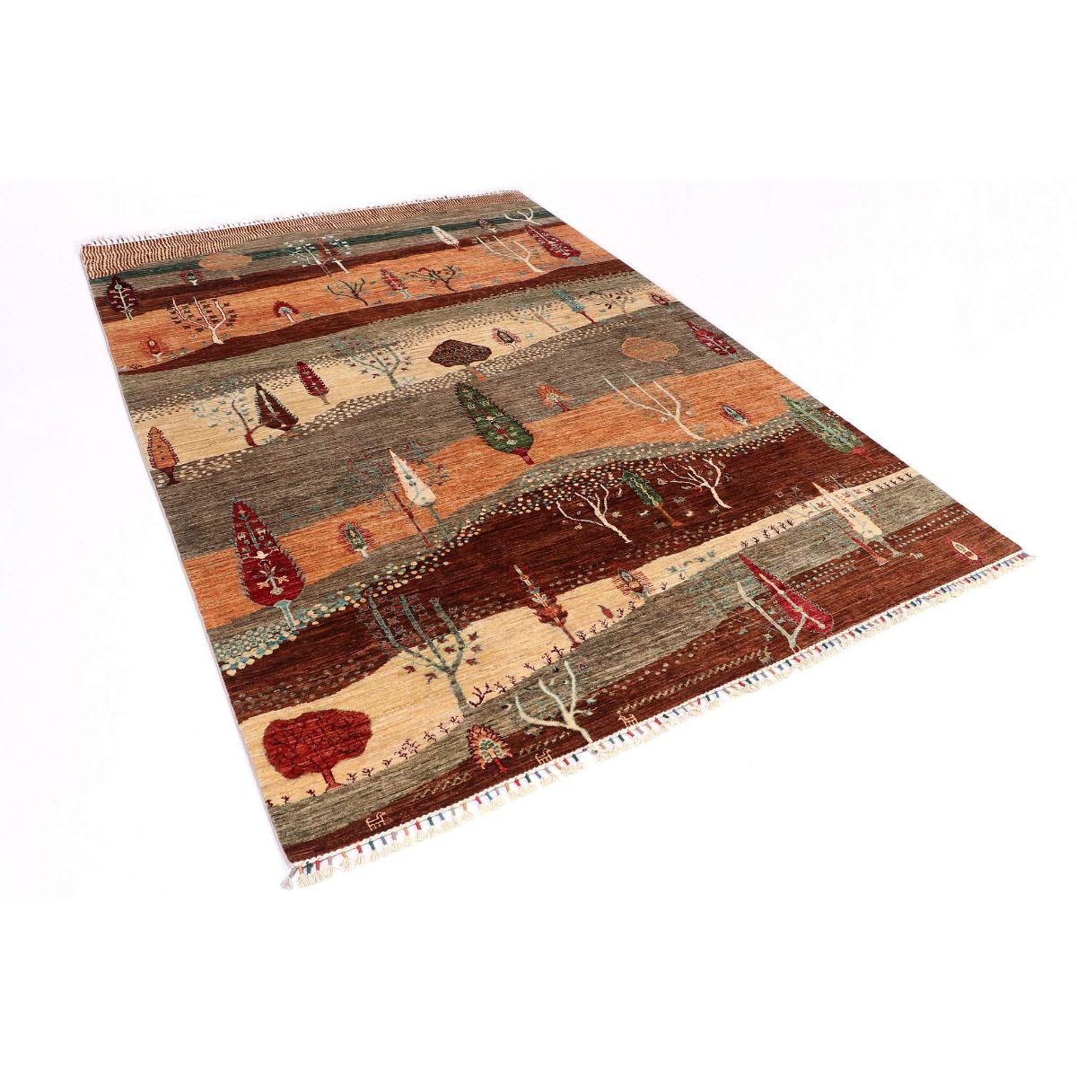 Multicolor patterned rug with village motifs, trees, and geometric bands in rust and teal