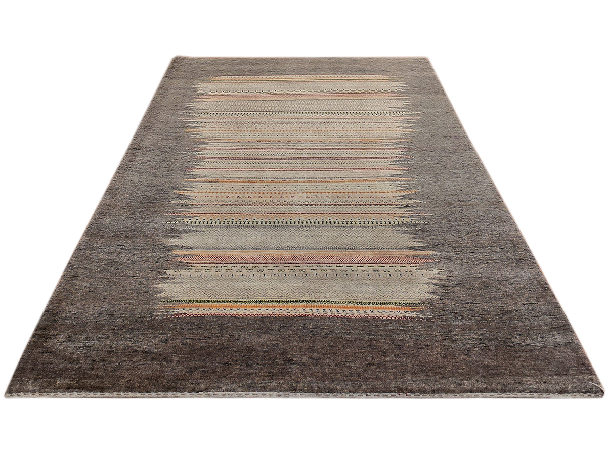 Grey Loribaft rug with wide central stripe band and thin multicolor rows